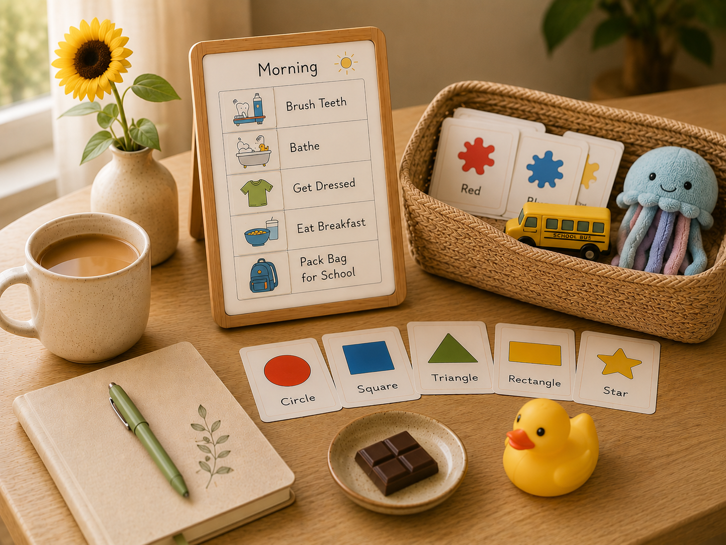 A parent's table with a morning visual schedule, flashcards, wooden toys, a notebook and a coffee cup